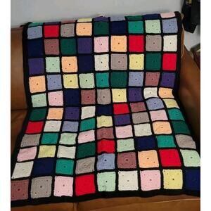 Handmade Granny Square Crochet Afghan Blanket Black Trim Colorful Squares